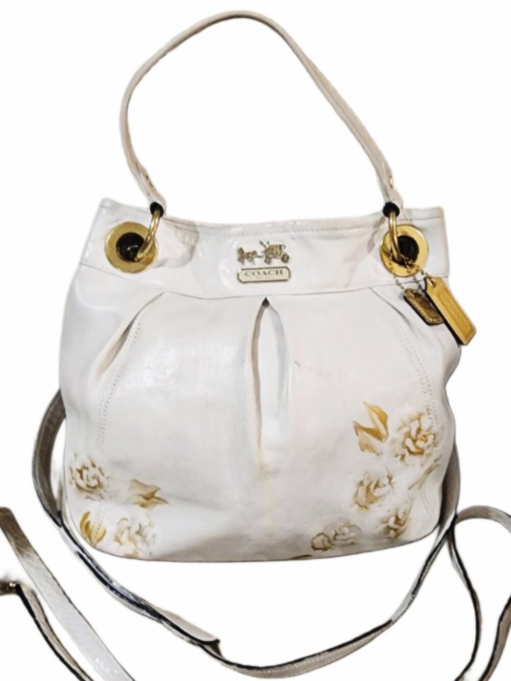 Coach Black Leather Convertible Crossbody Bag With Handpainted White Rose Detail